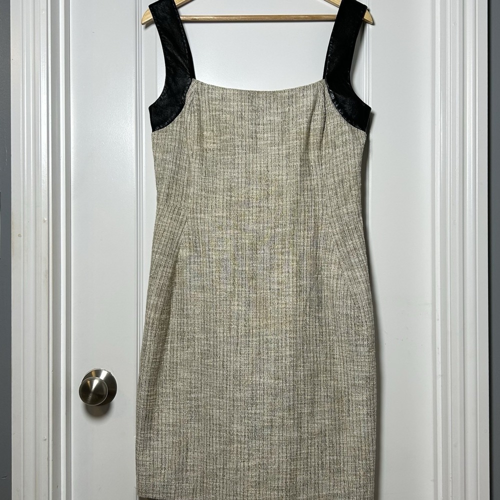 L'Agence Tweed Cream Black Lamb Leather Strap Square Neck Fitted Sheath Dress